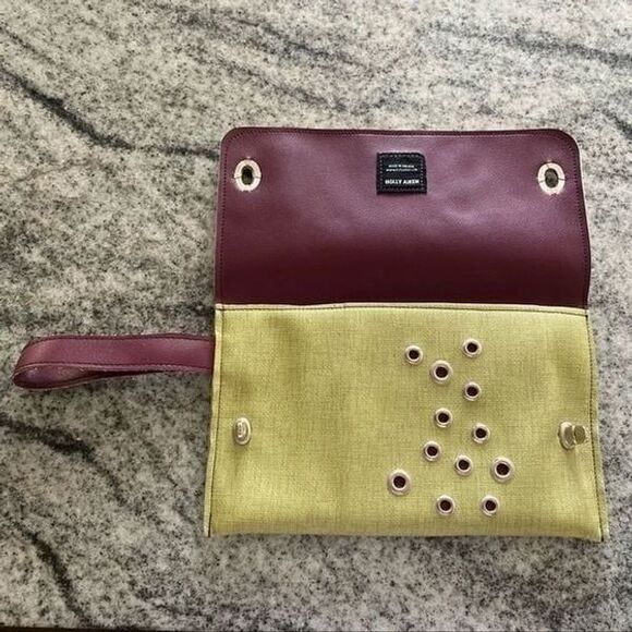 Holly Aiken Sidecar Clutch Green Purple Hand Stitched Grommet Purse Hand Bag - Picture 2 of 8